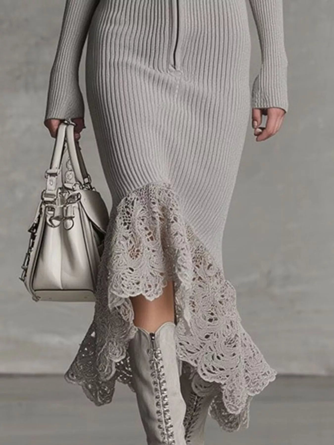 Hazel Blues® | Hooded Ribbed Knit Lace Hem Midi Dress