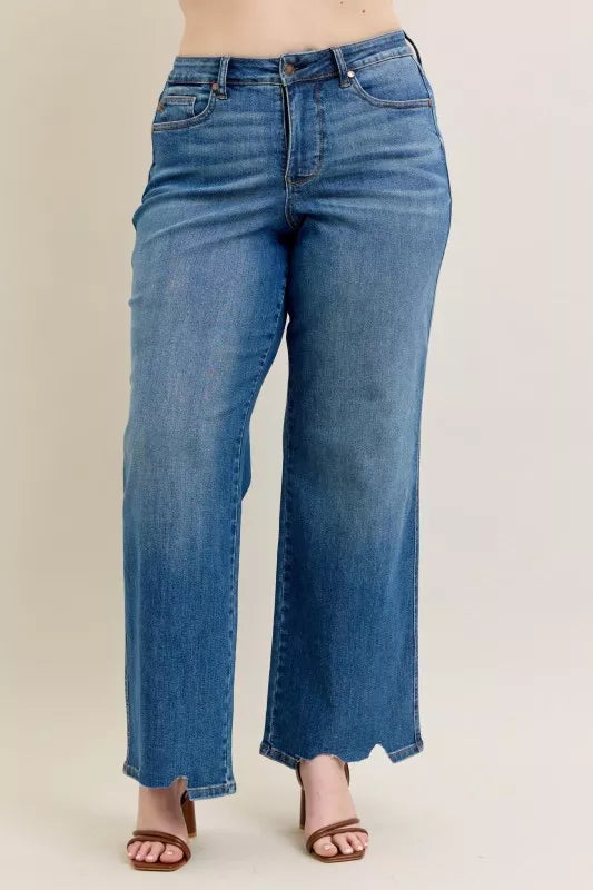 Hazel Blues® | Judy Blue High Waist Tummy Control Chew Hem Destroy Wide Jeans