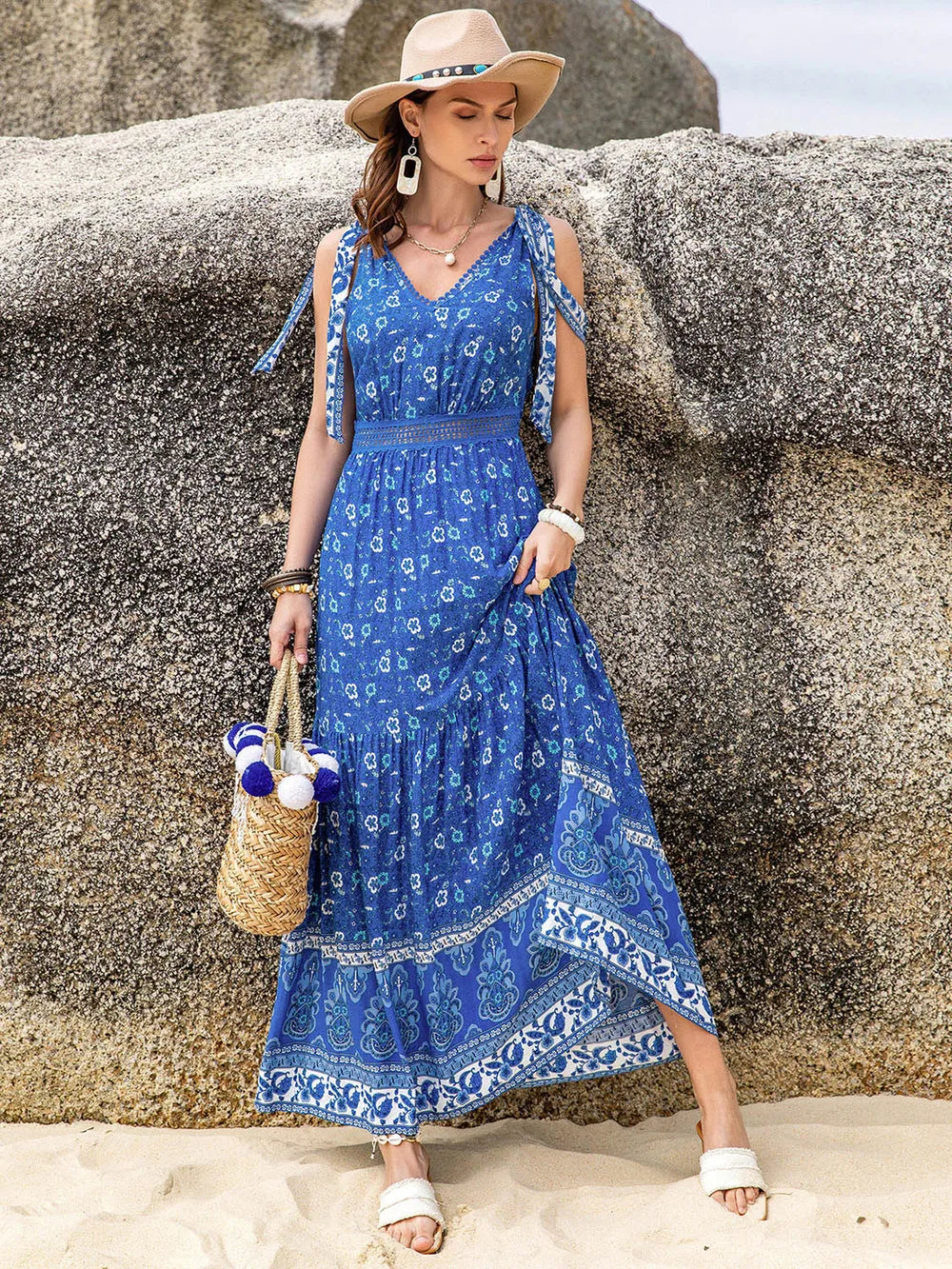Hazel Blues® | Printed V-Neck Tie Shoulder Dress