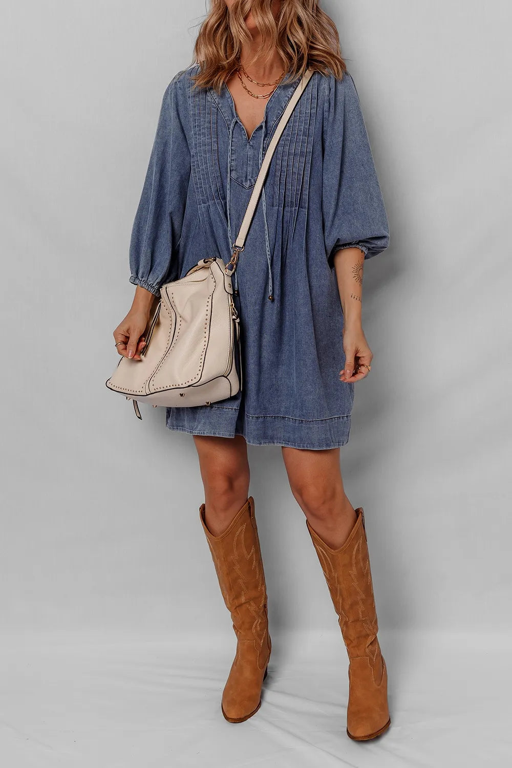 Hazel Blues® | Tie Neck Long Sleeve Mini Denim Dress