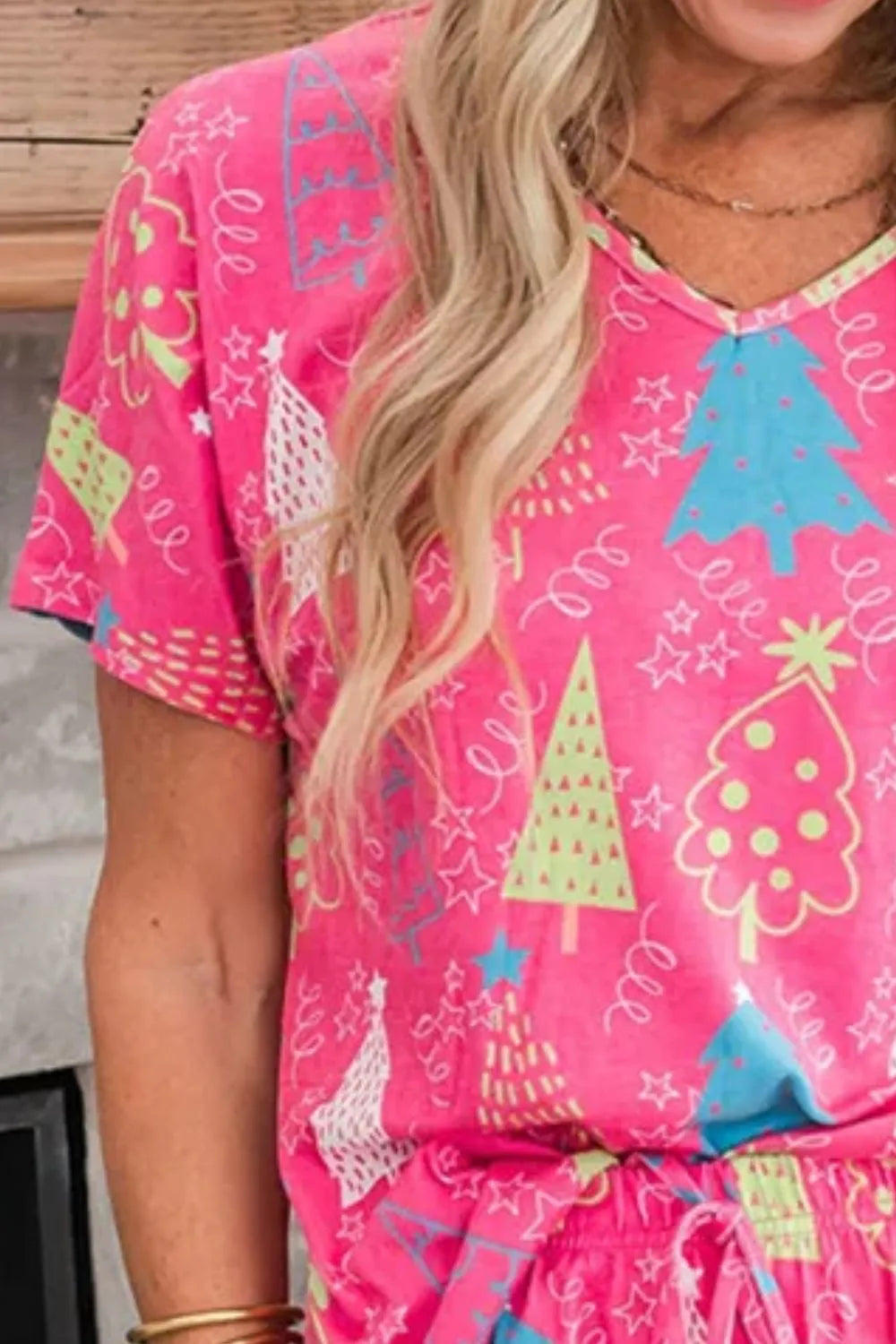 Hazel Blues® | Printed V-Neck Short Sleeve Top and Pants Lounge Set