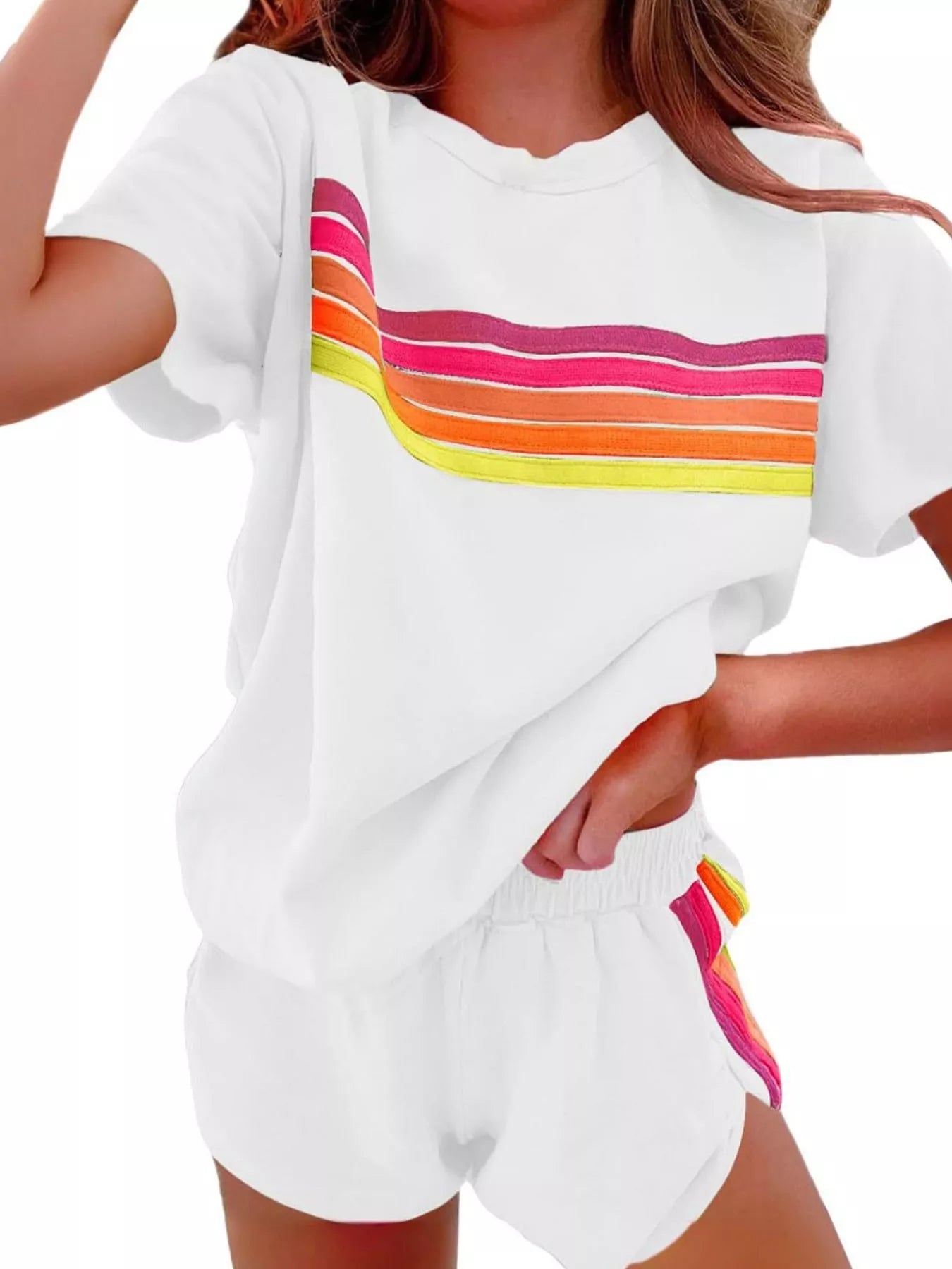 Hazel Blues® | Rainbow Striped Round Neck Top and Shorts Set