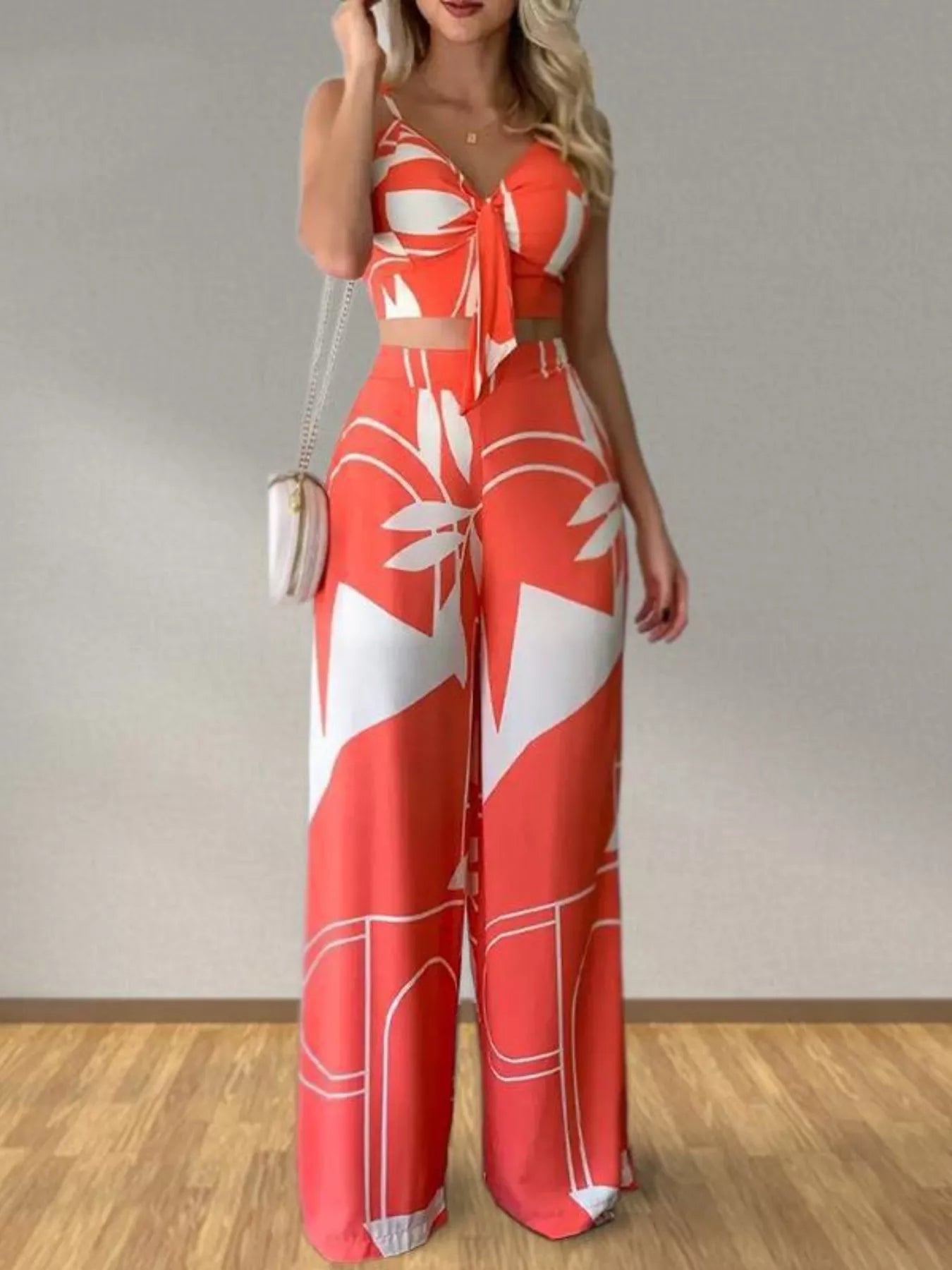 Hazel Blues® | Tropical Print Spaghetti Strap Crop Top and Wide Leg Pants Set