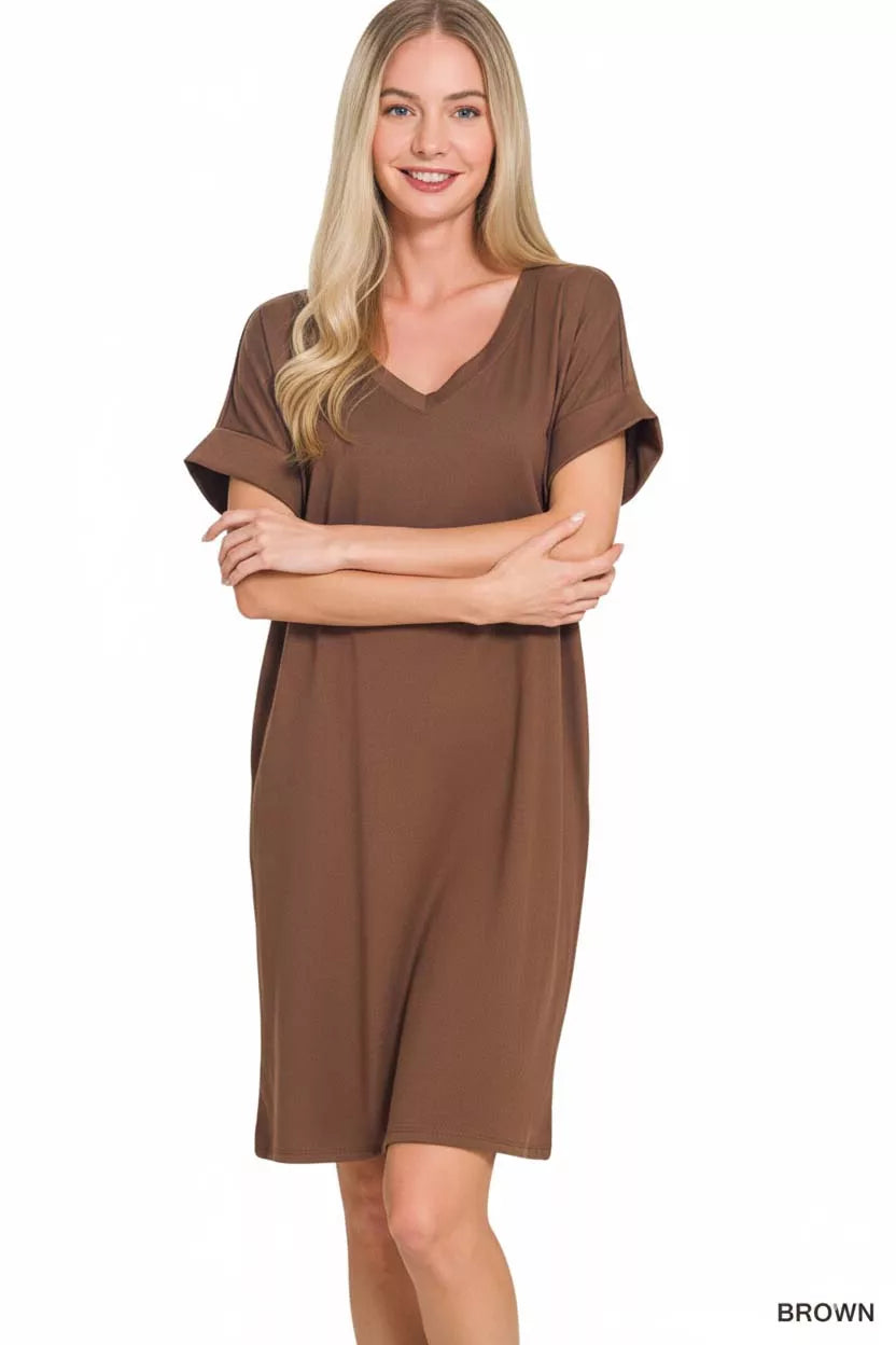 Hazel Blues® | Zenana Brushed Dty Rolled Short Sleeve V-Neck Dress