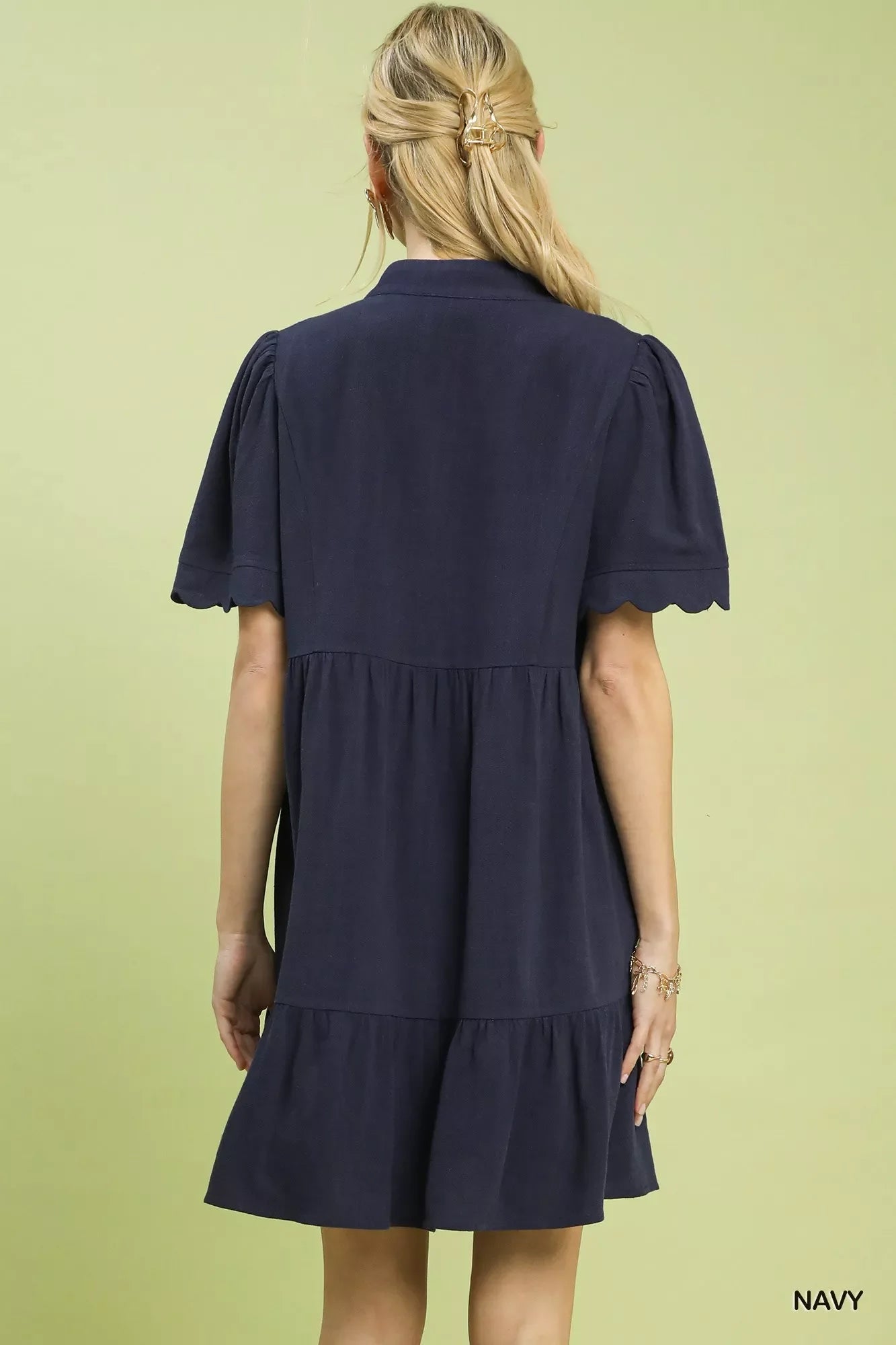 Hazel Blues® | Umgee Linen Tiered Babydoll Dress with Scalloped Sleeves