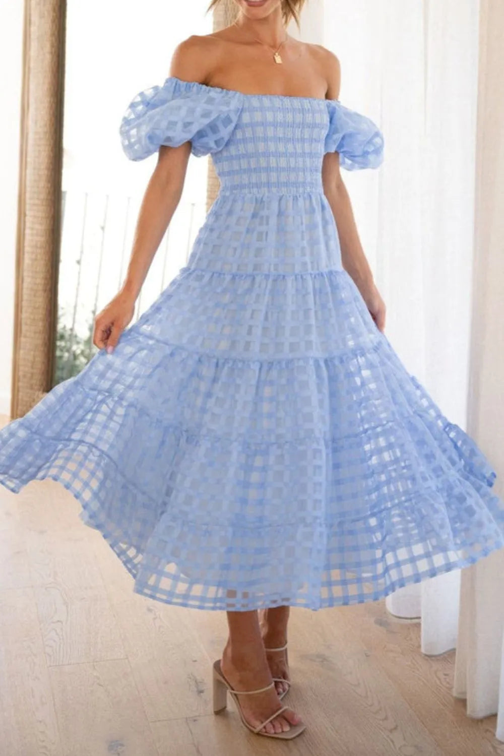 Hazel Blues® | Off Shoulder Short Puff Sleeve Midi Dress