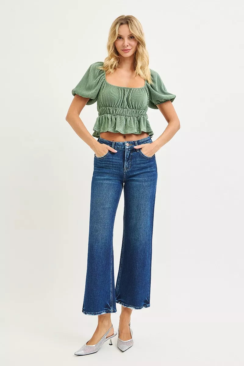 Hazel Blues® | RISEN Tummy Control 4 Way Stretch High Rise Crop Wide Leg Jeans