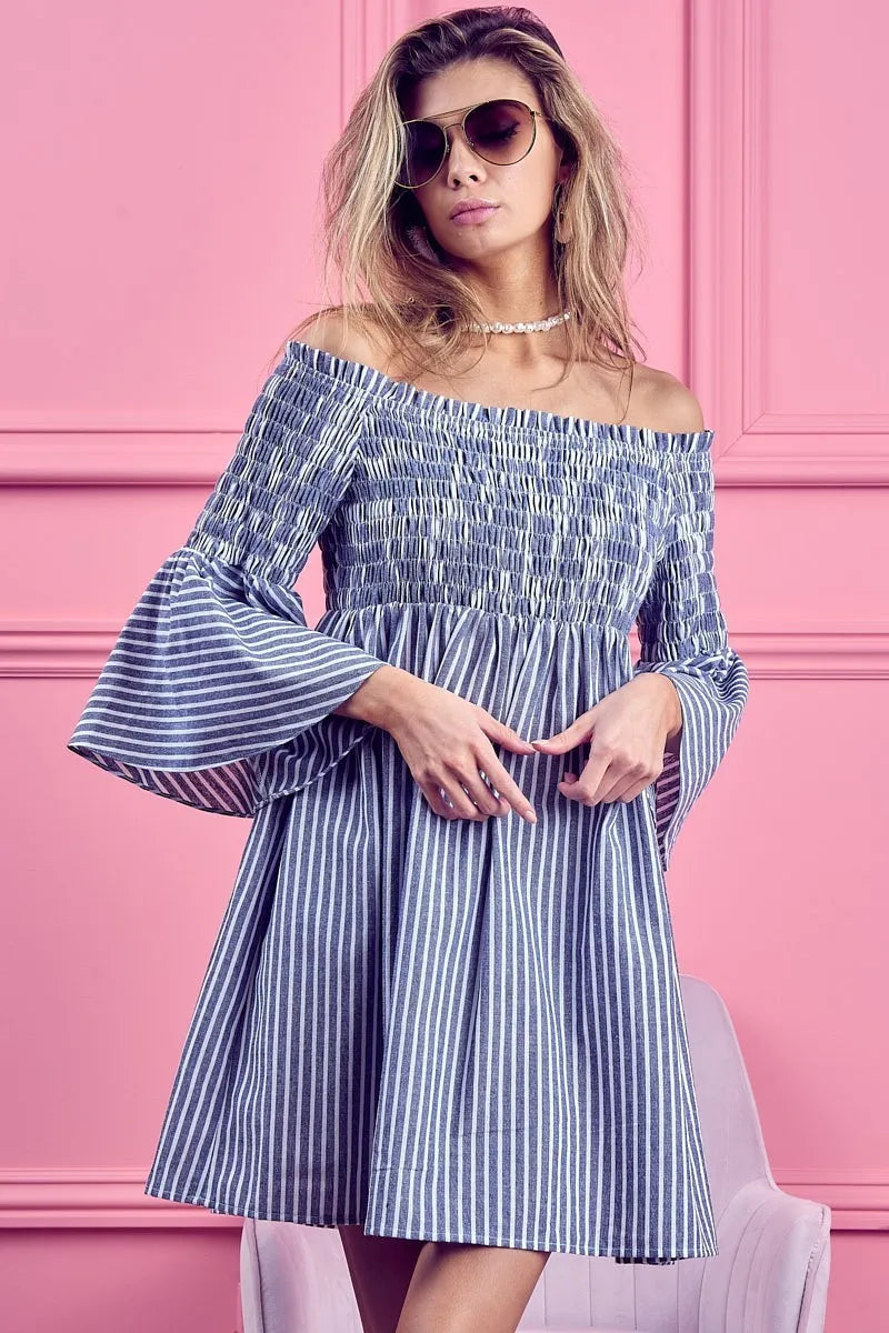 Hazel Blues® | BiBi Smocked Off Shoulder Striped Dress