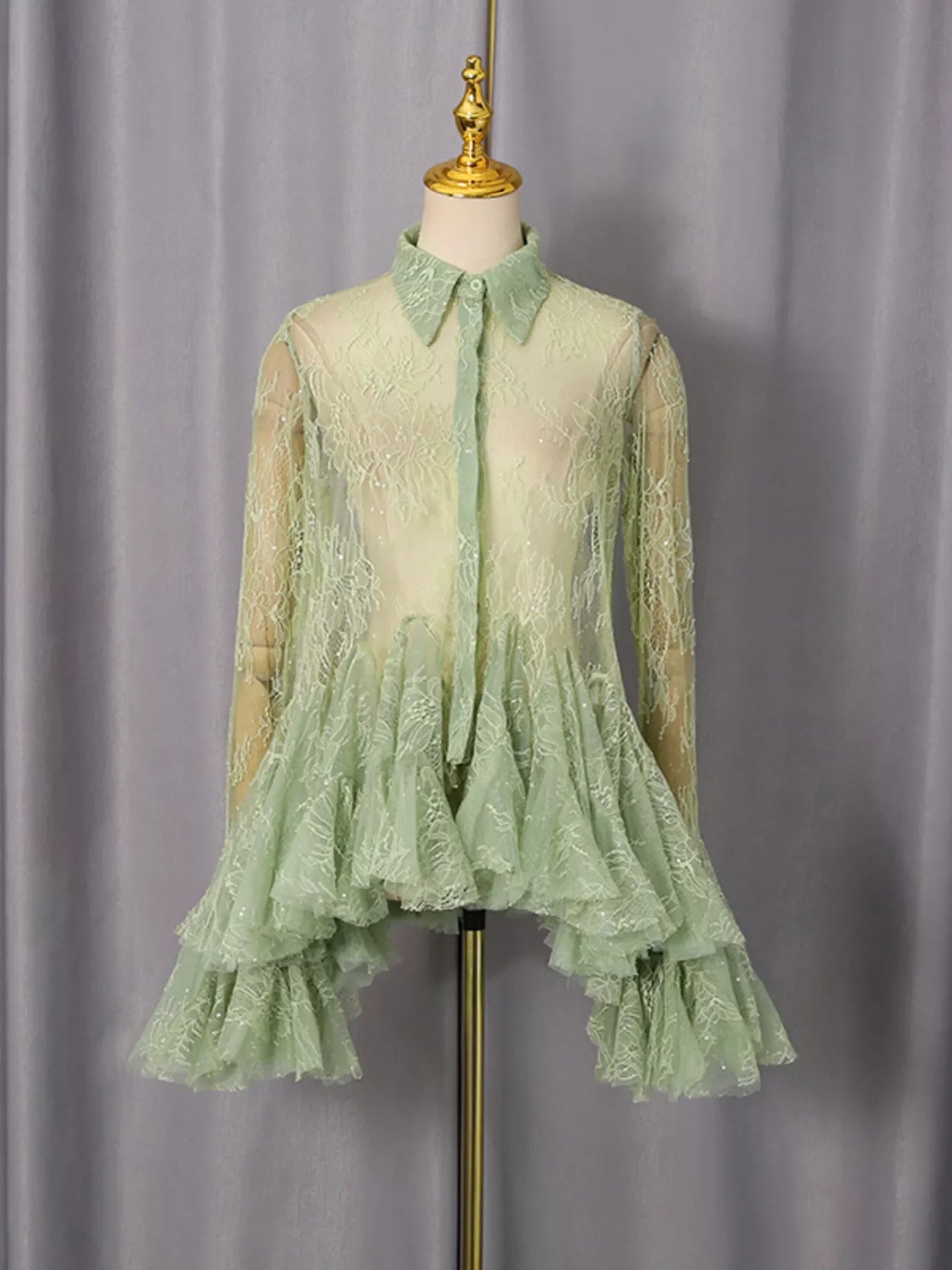 Hazel Blues® | Ruffled Hem Lace Long Sleeve Dress