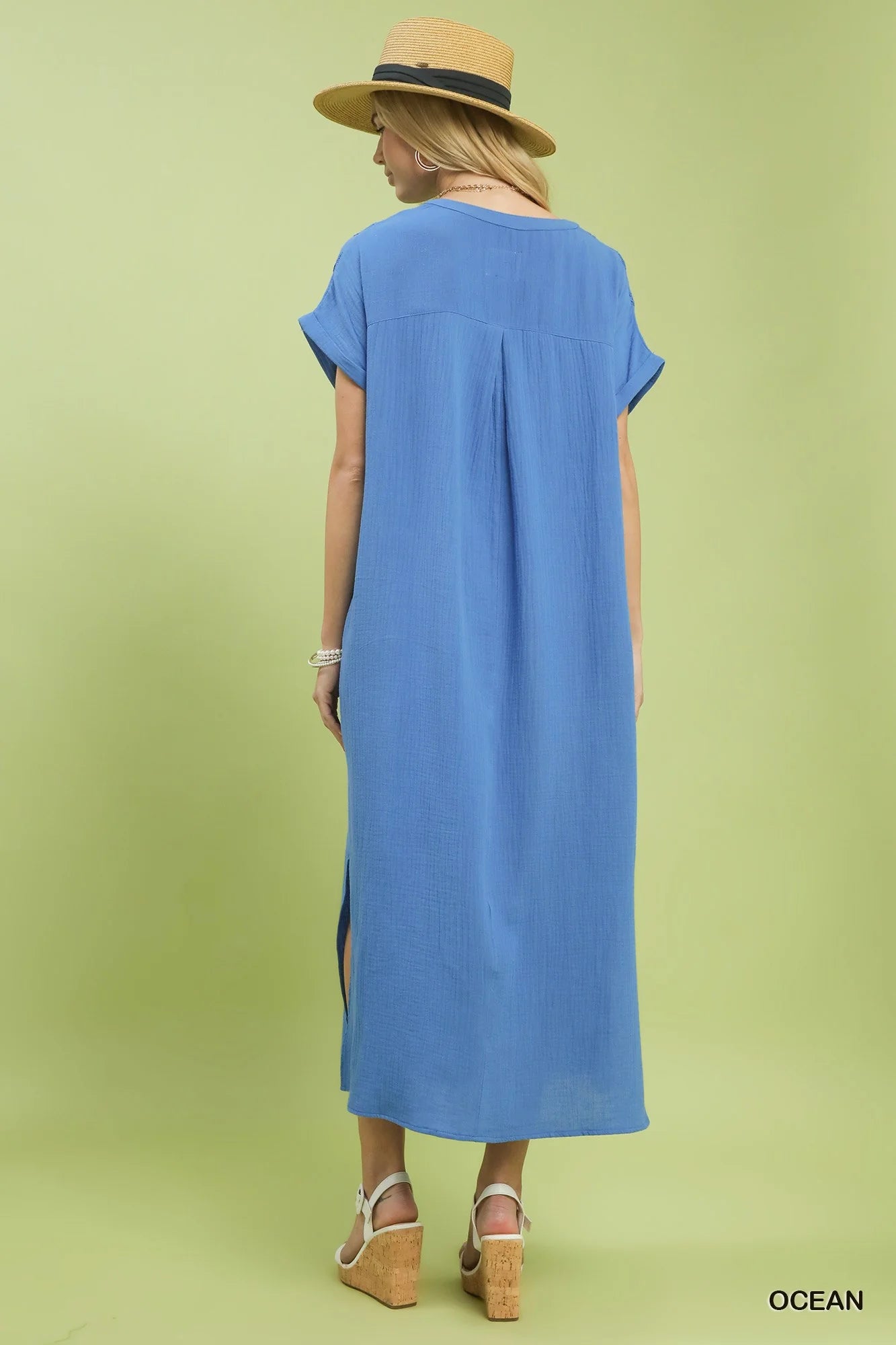 Hazel Blues® | Umgee Button-Front Gauze Midi Dress with Lace Detail
