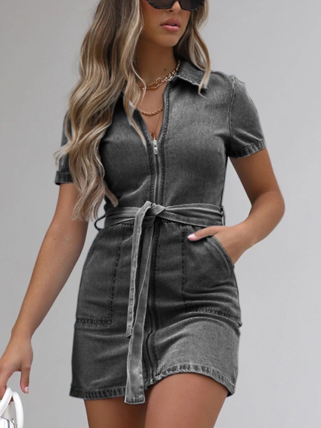 Hazel Blues® | Zip Front Short Sleeve Denim Dress