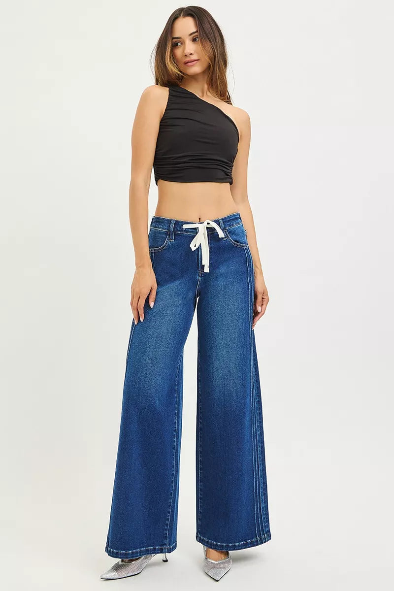Hazel Blues® | RISEN Mid Rise Wide Side Pintuck Jeans with Front Drawstring