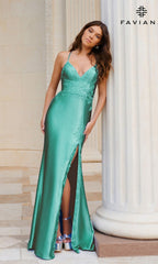 Lace-Applique Faviana V-Neck Long Prom Dress 11010
