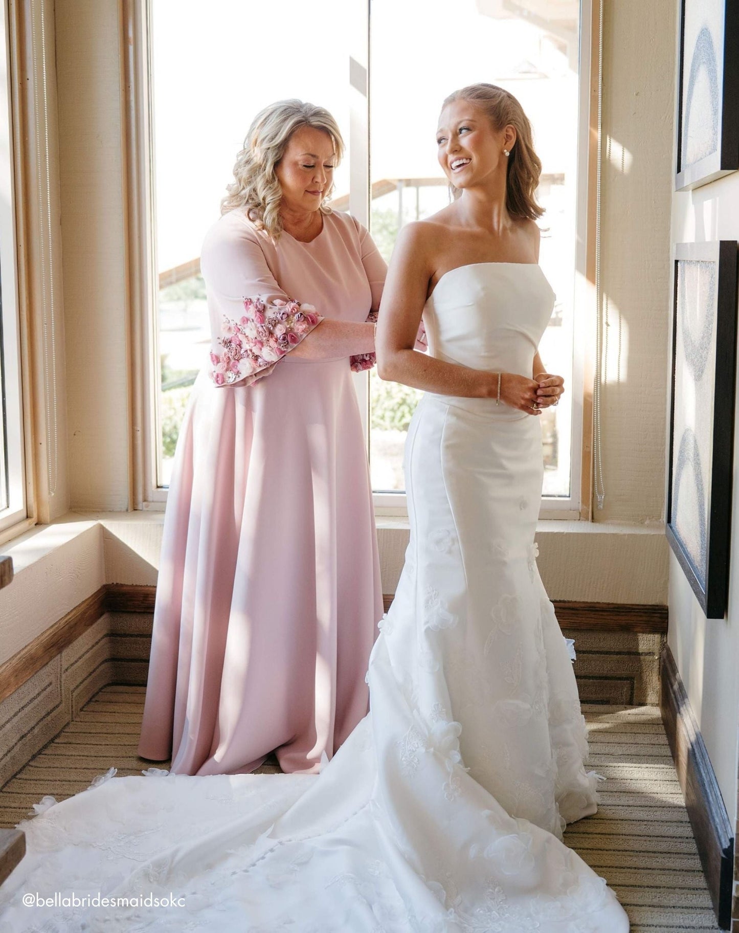 Pink Crepe 3/4 Sleeve A-line Gown With Flower Trim