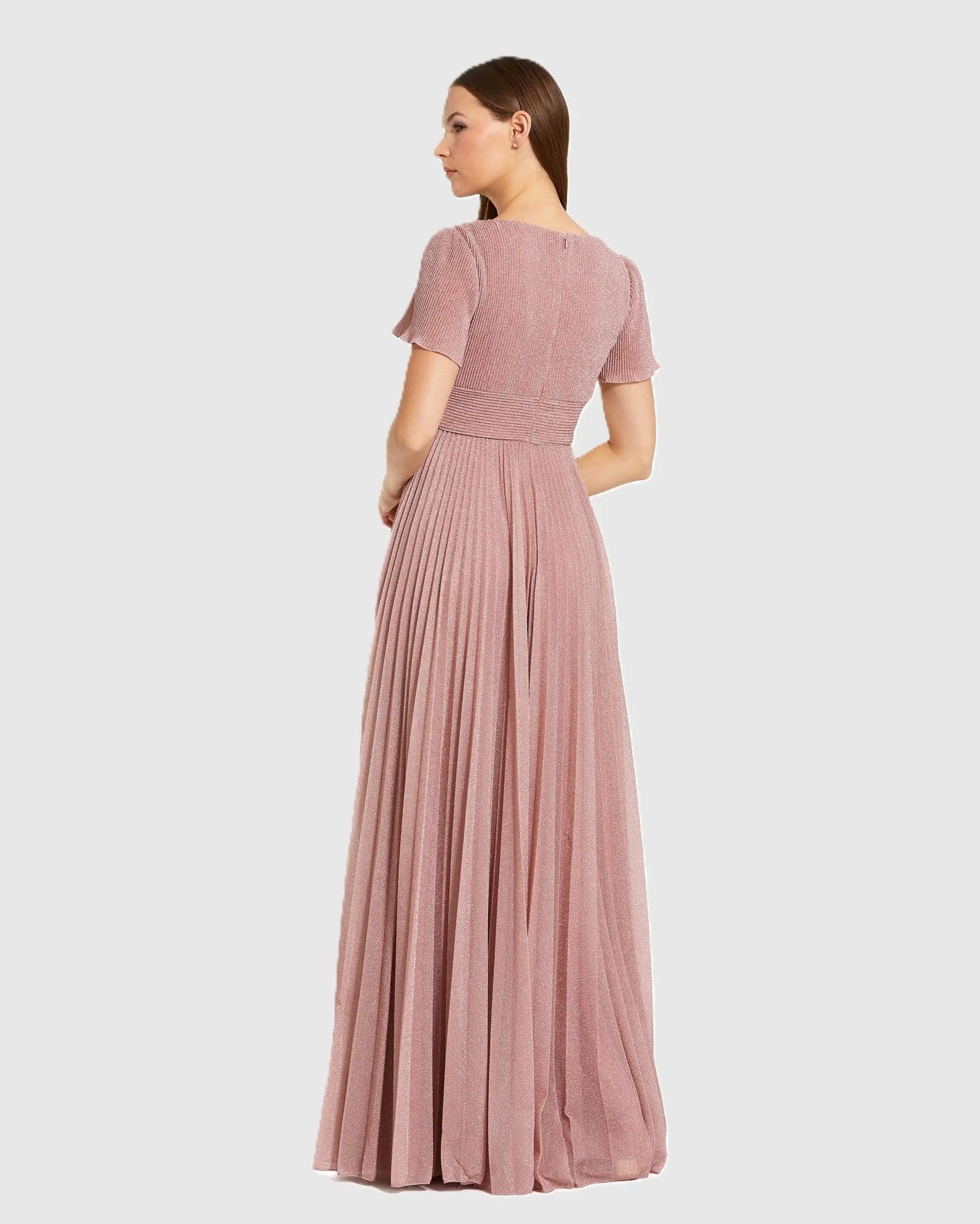 Pink Pleated Metallic Flutter Sleeve A Line Gown