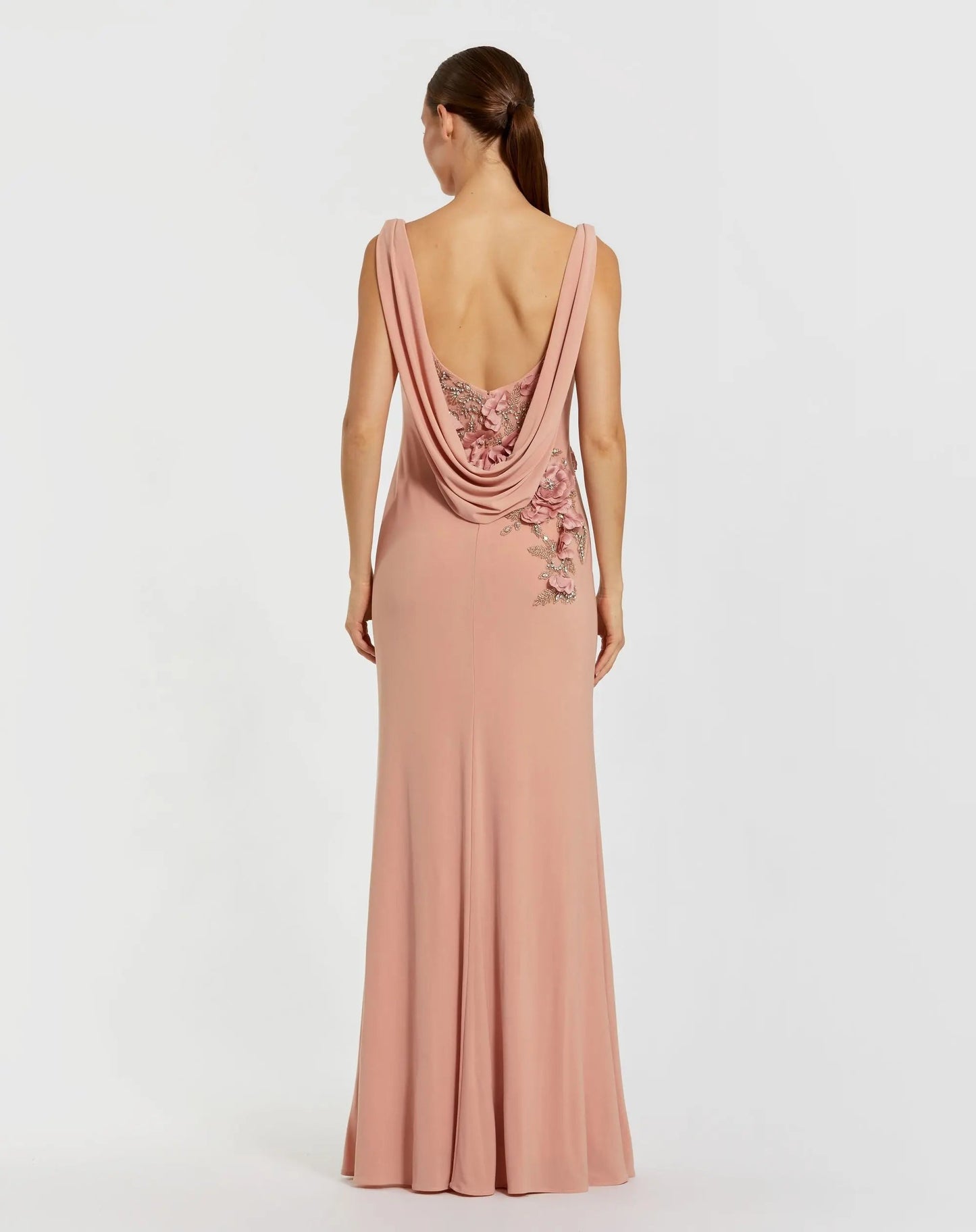 Pink Sleeveless Jersey Cowl Neck Gown With Beading