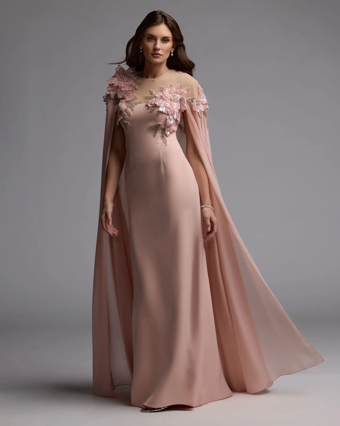 Pink Embellished Crepe Gown With Chiffon Cape