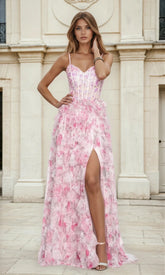 Ruffled Tiered Pink Floral-Print Prom Dress L526