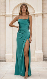 Backless Strappy Tight Pleated Long Prom Dress L529