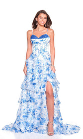 Ruffled Long Print Prom Dress: Dave & Johnny 12720