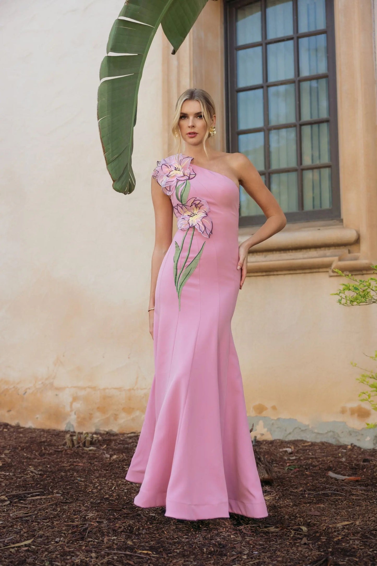 Pink One Shoulder Mermaid Gown With 3D Flower