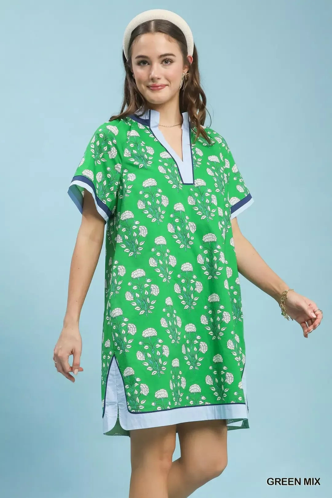Hazel Blues® | Umgee Printed Split Neck Short Sleeve Shift Dress