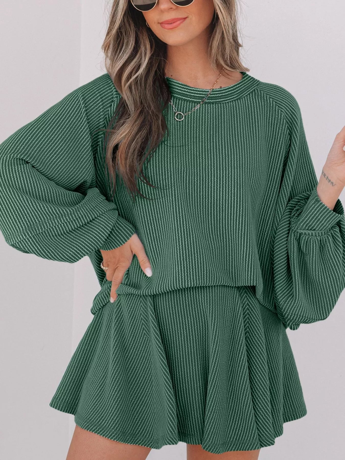 Hazel Blues® | Corded Lantern Sleeve Top and High Waist Mini Skirt Set