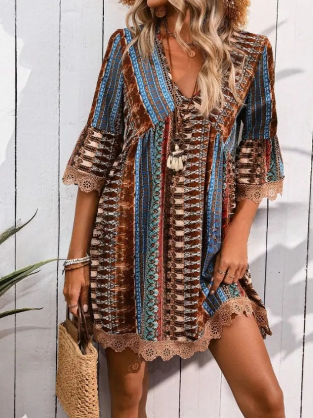 Hazel Blues® | Lace Trim Printed V-Neck 3/4 Sleeve Dress