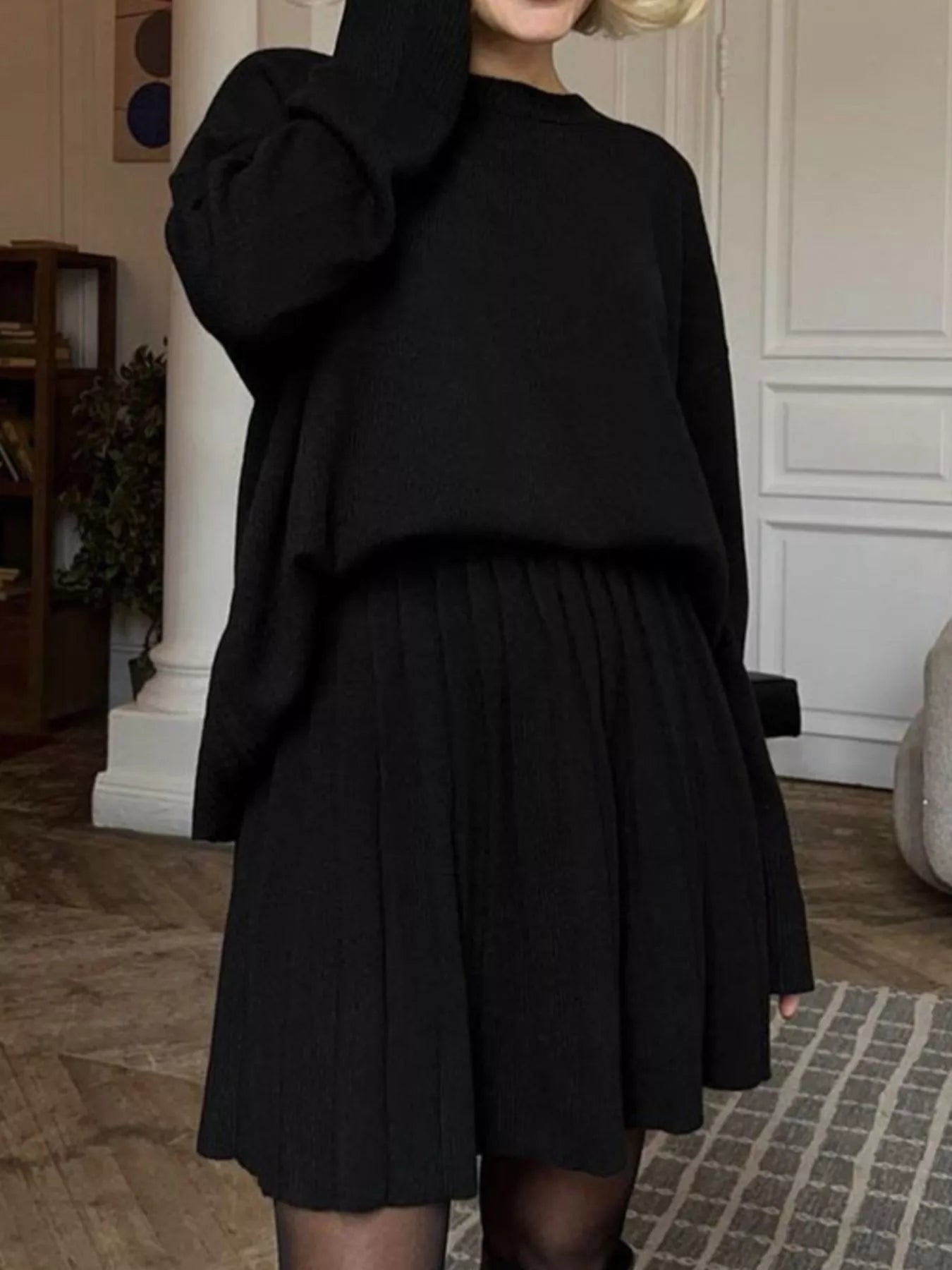 Hazel Blues® | Round Neck Top and Pleated Skirt Sweater Set