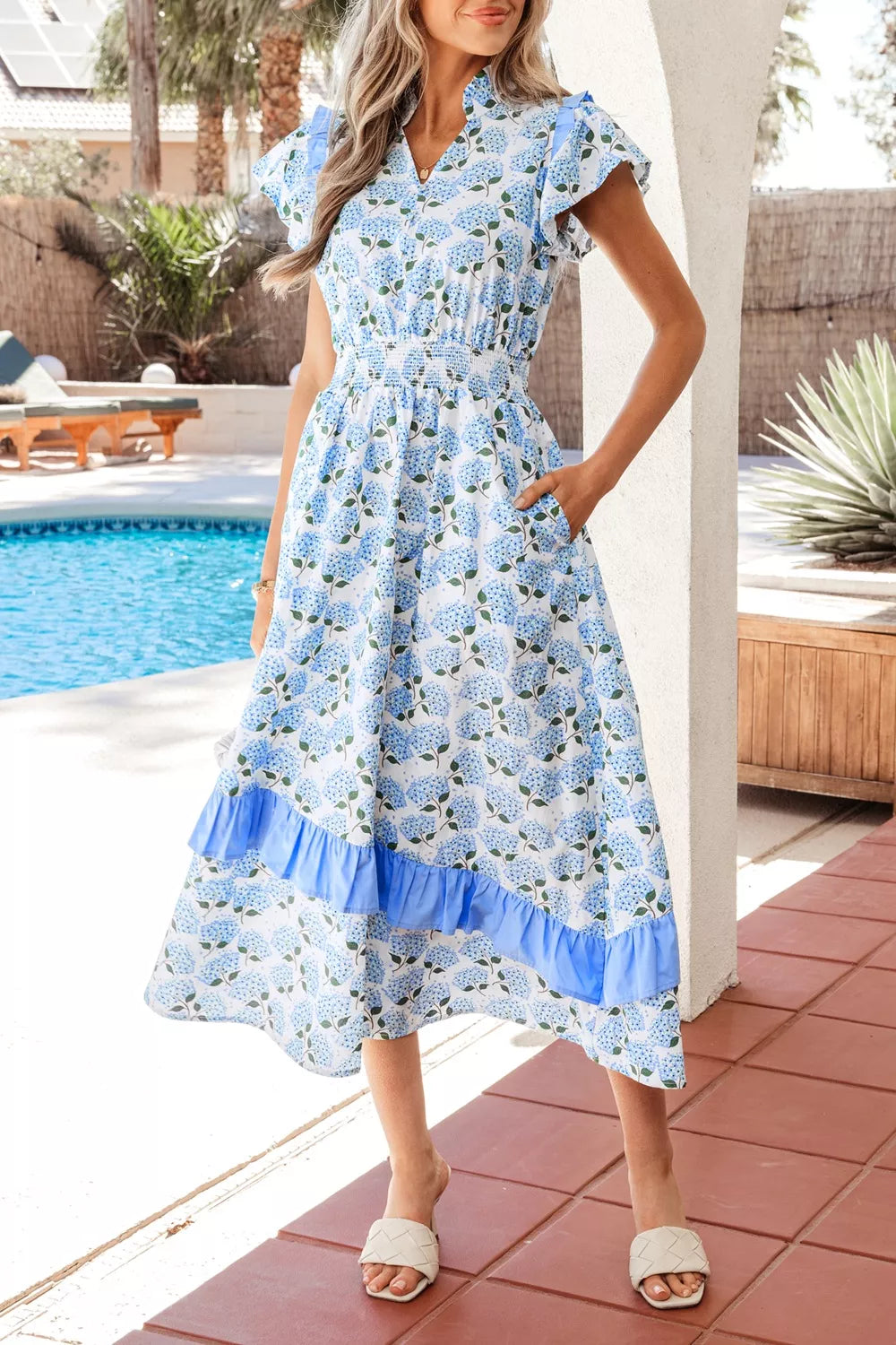 Hazel Blues® | Hydrangea Floral Print Ruffle Trim Flutter Sleeve Dress