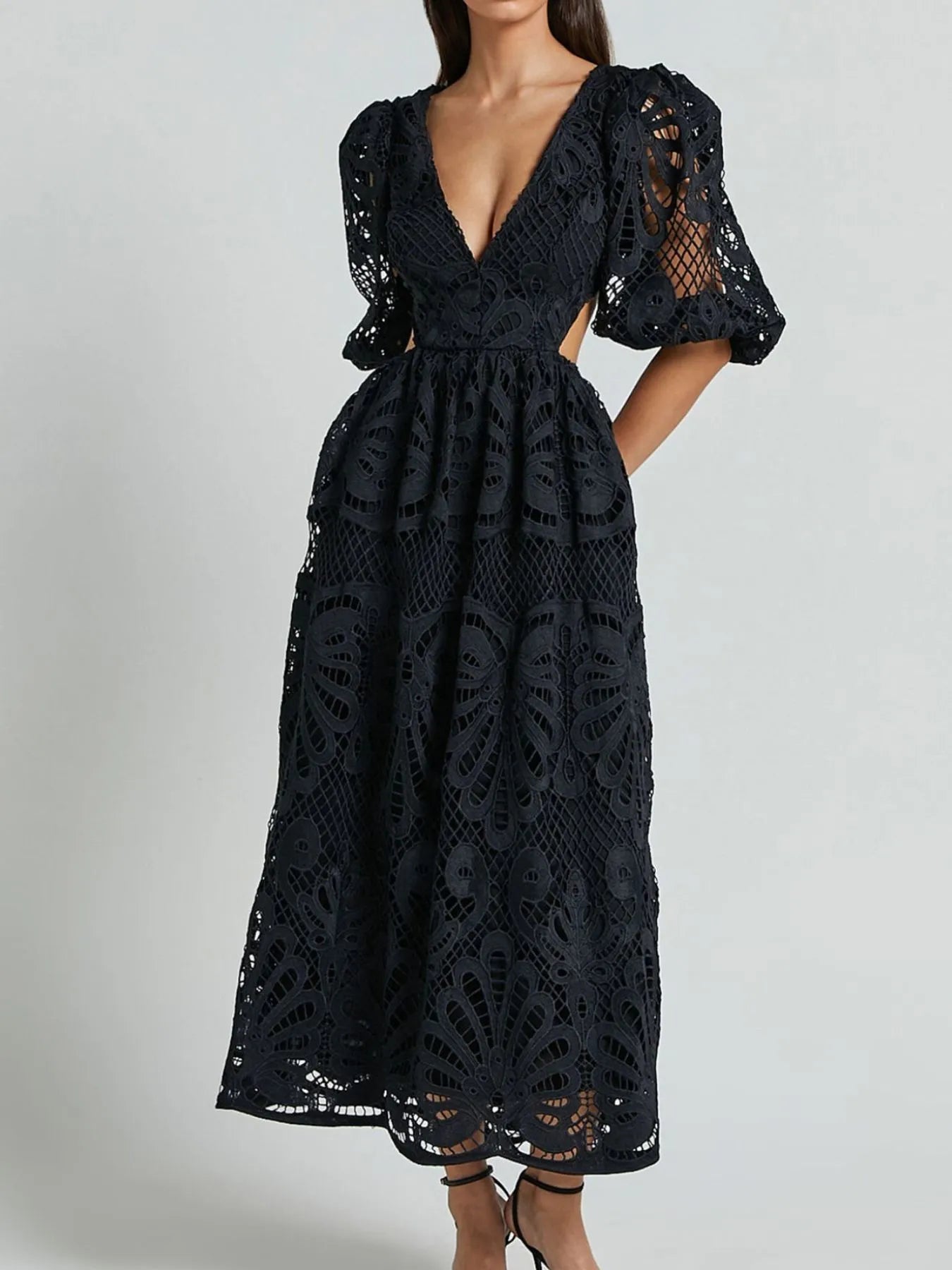 Hazel Blues® | Cutout Back Lace Crochet V-Neck Dress
