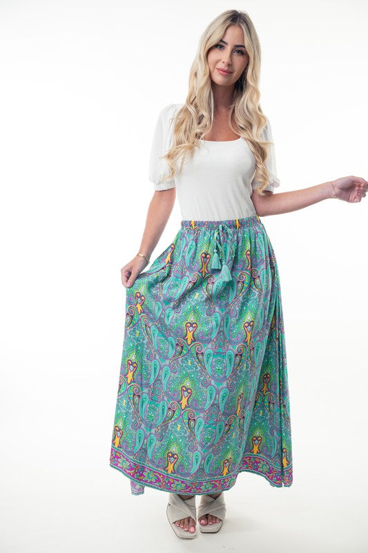 Hazel Blues® | Printed Elastic Waist Band Long Skirt with Tassels in Mint Combo