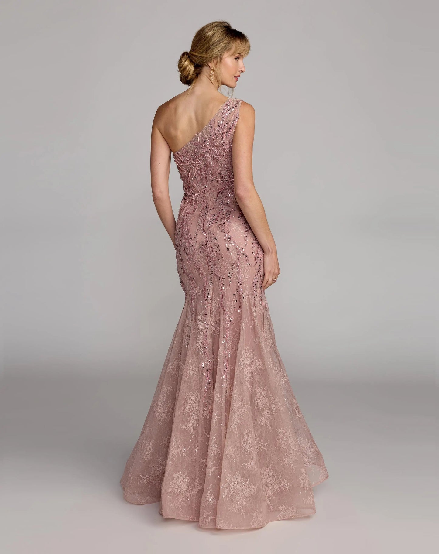 Pink Embellished Lace One Shoulder Mermaid Gown