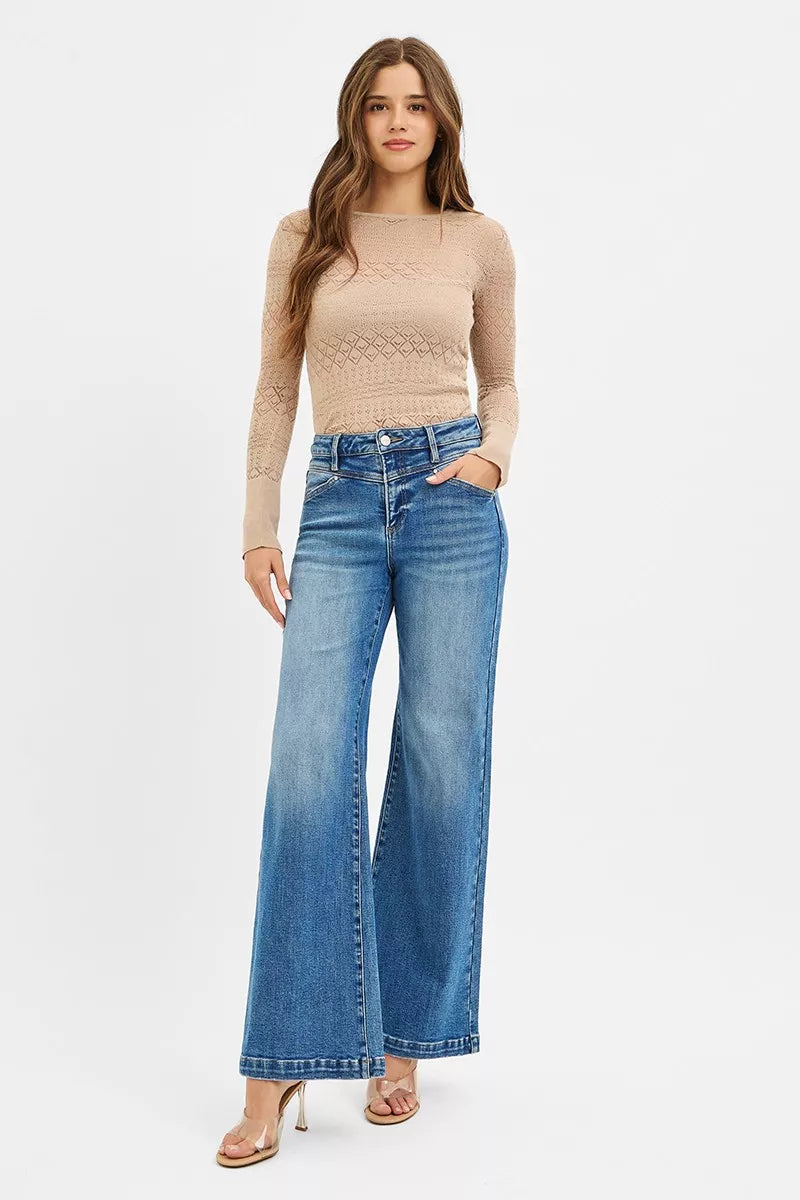 Hazel Blues® | RISEN High Rise Wide Leg Jenas with Front Yoke and Heart Back Pocket