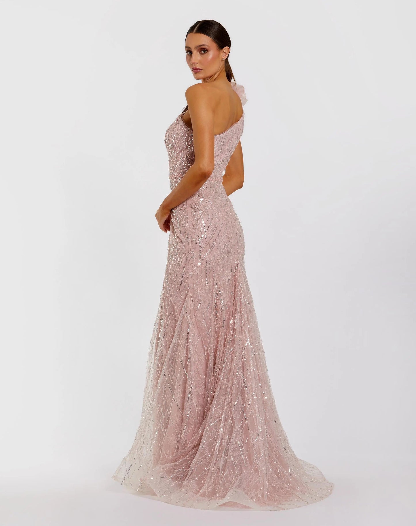 Pink One Shoulder Beaded Mermaid Gown With 3D Flower