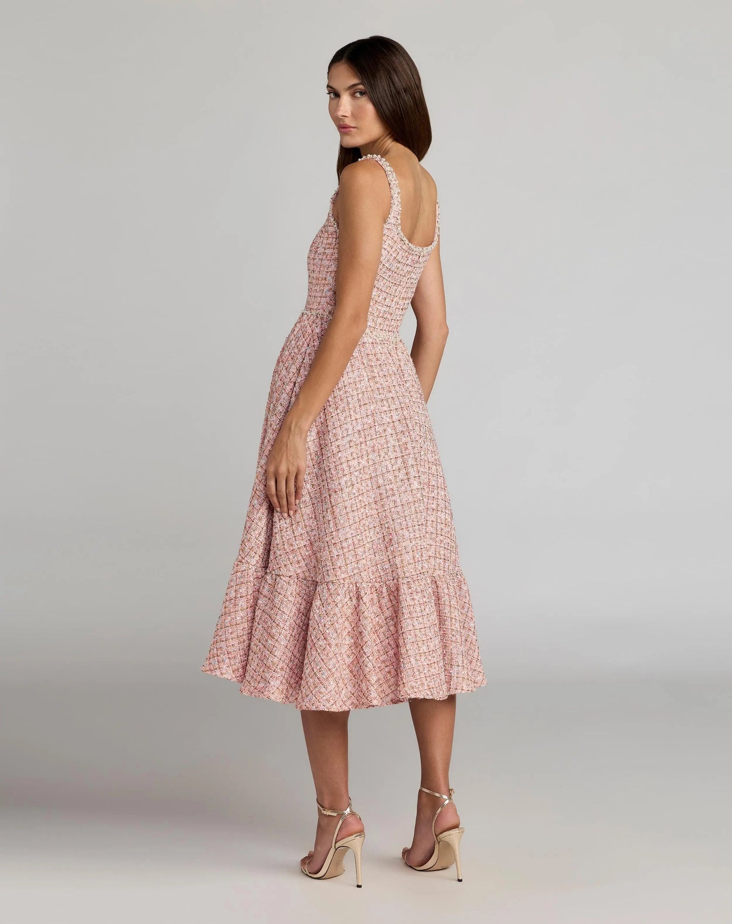 Pink Pearl Embellished Sleeveless Boucle Midi Dress