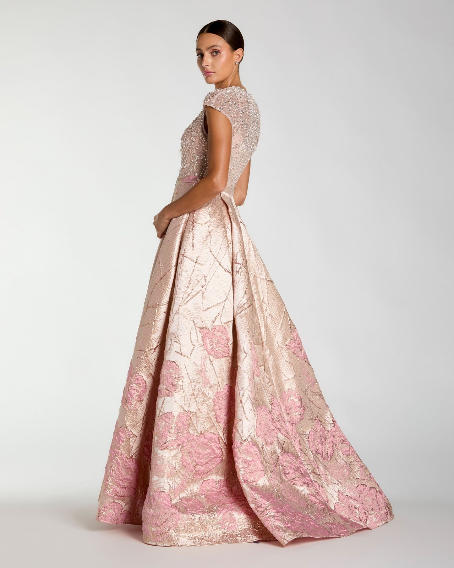 Pink Cap Sleeve Embellished Floral Brocade Ball Gown
