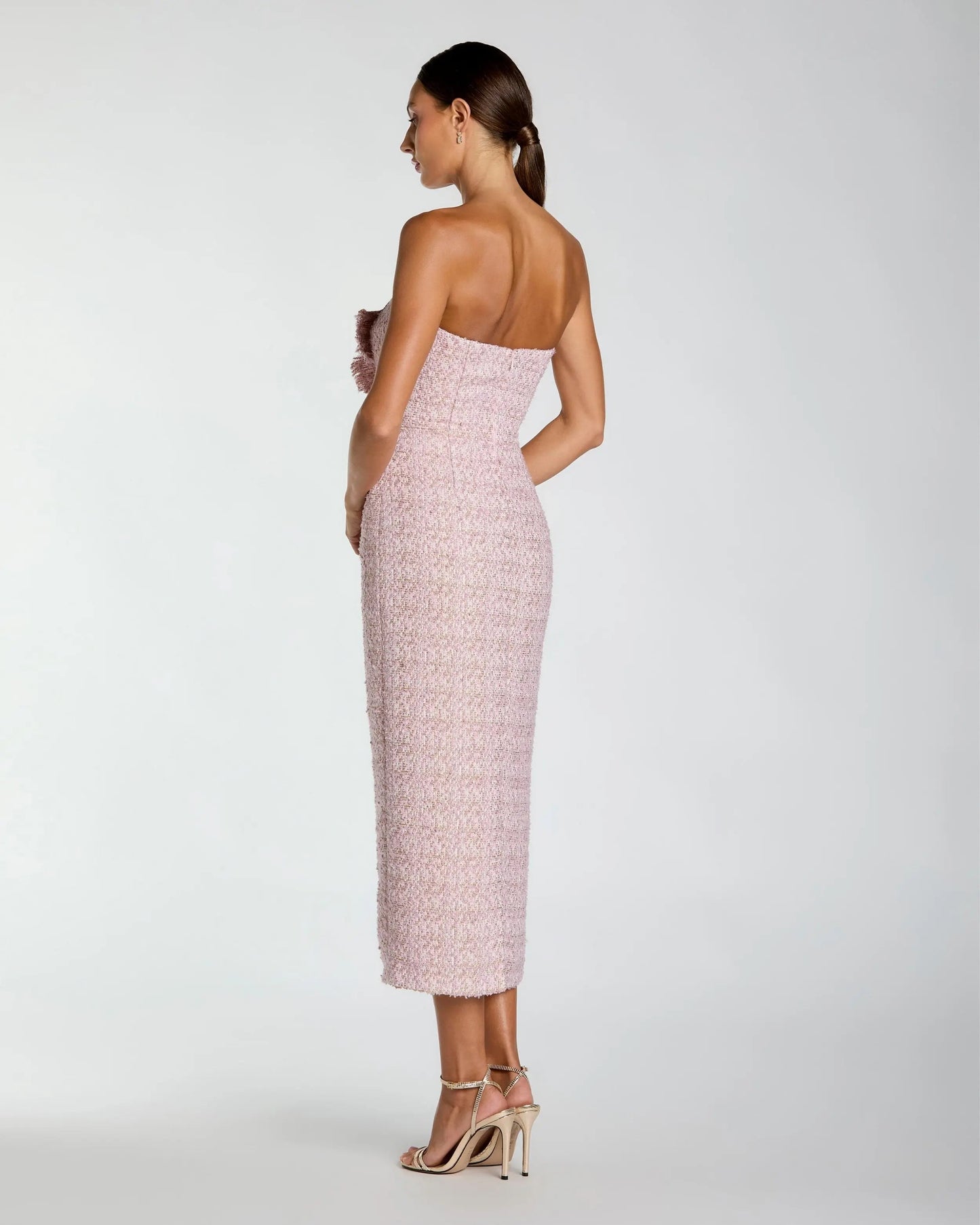 Pink Strapless Boucle Midi Dress With 3D Flower