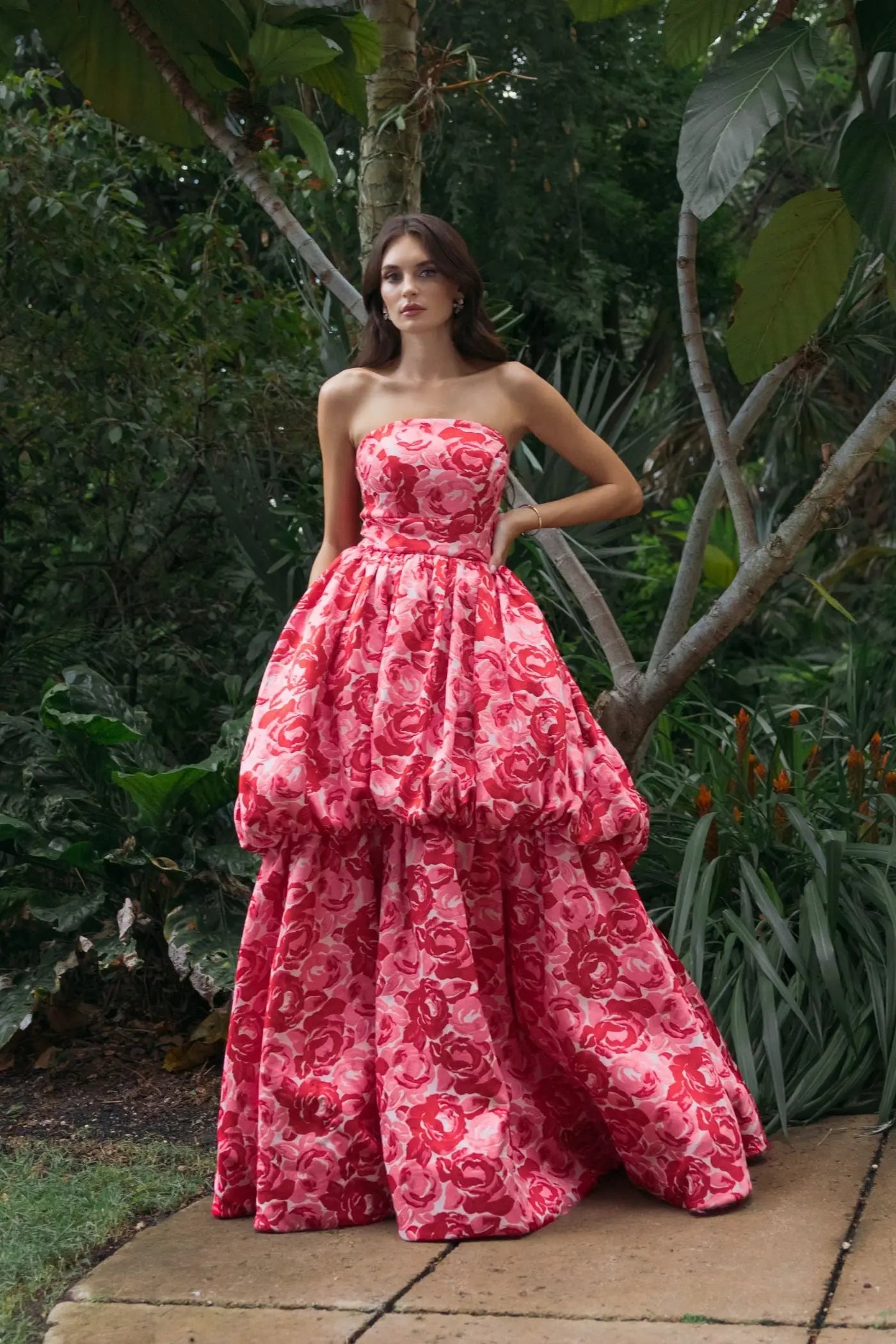 Pink Brocade Strapless Bubble Hem Ball Gown