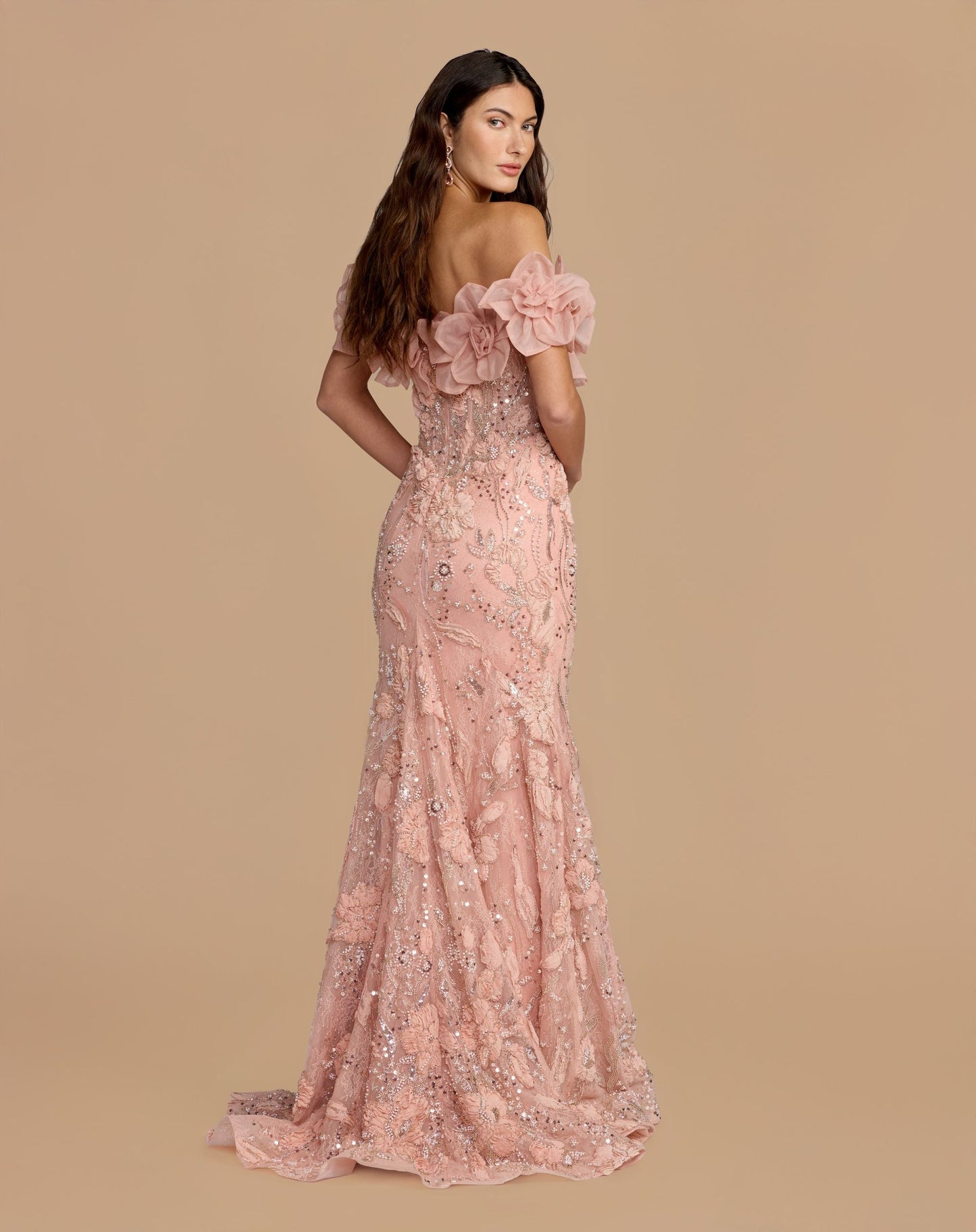 Pink Off The Shoulder Embellished Mermaid Gown