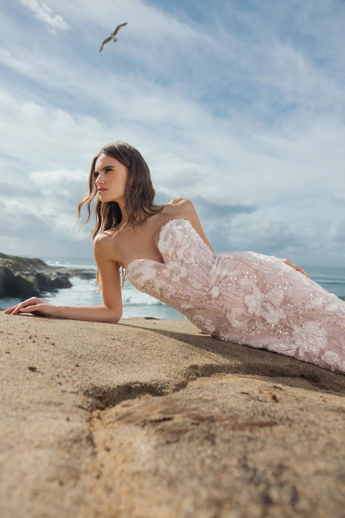 Pink Embellished Lace Strapless Sweetheart Gown