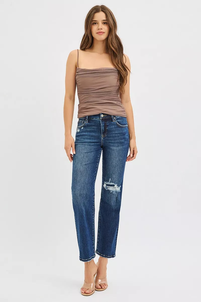 Hazel Blues® | RISEN High Rise Crop Slim Straight Jenas with Hidden Knee Patch