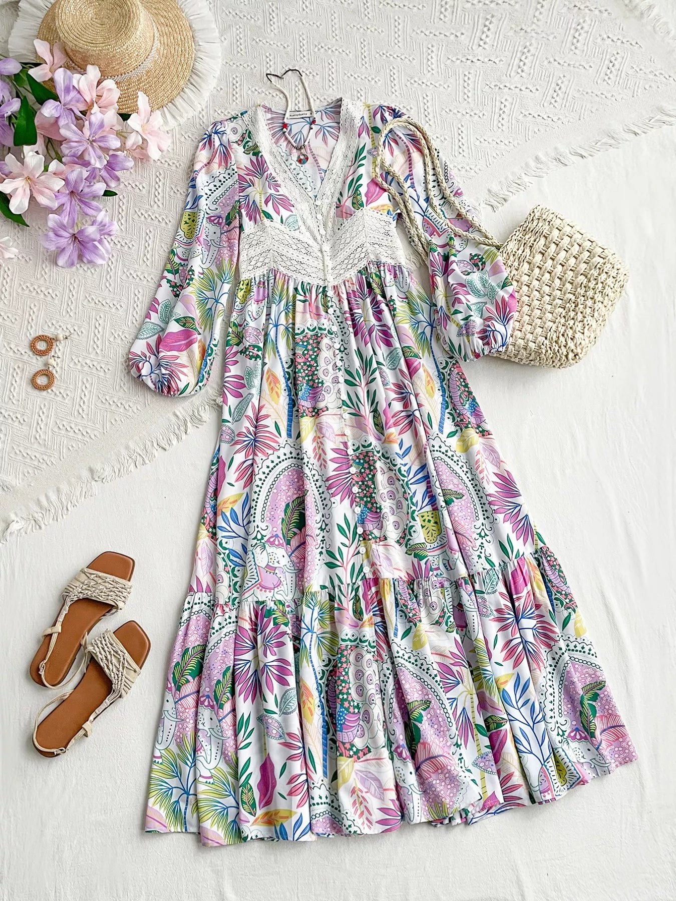 Hazel Blues® | Lace Detail V-Neck Balloon Sleeve Dress