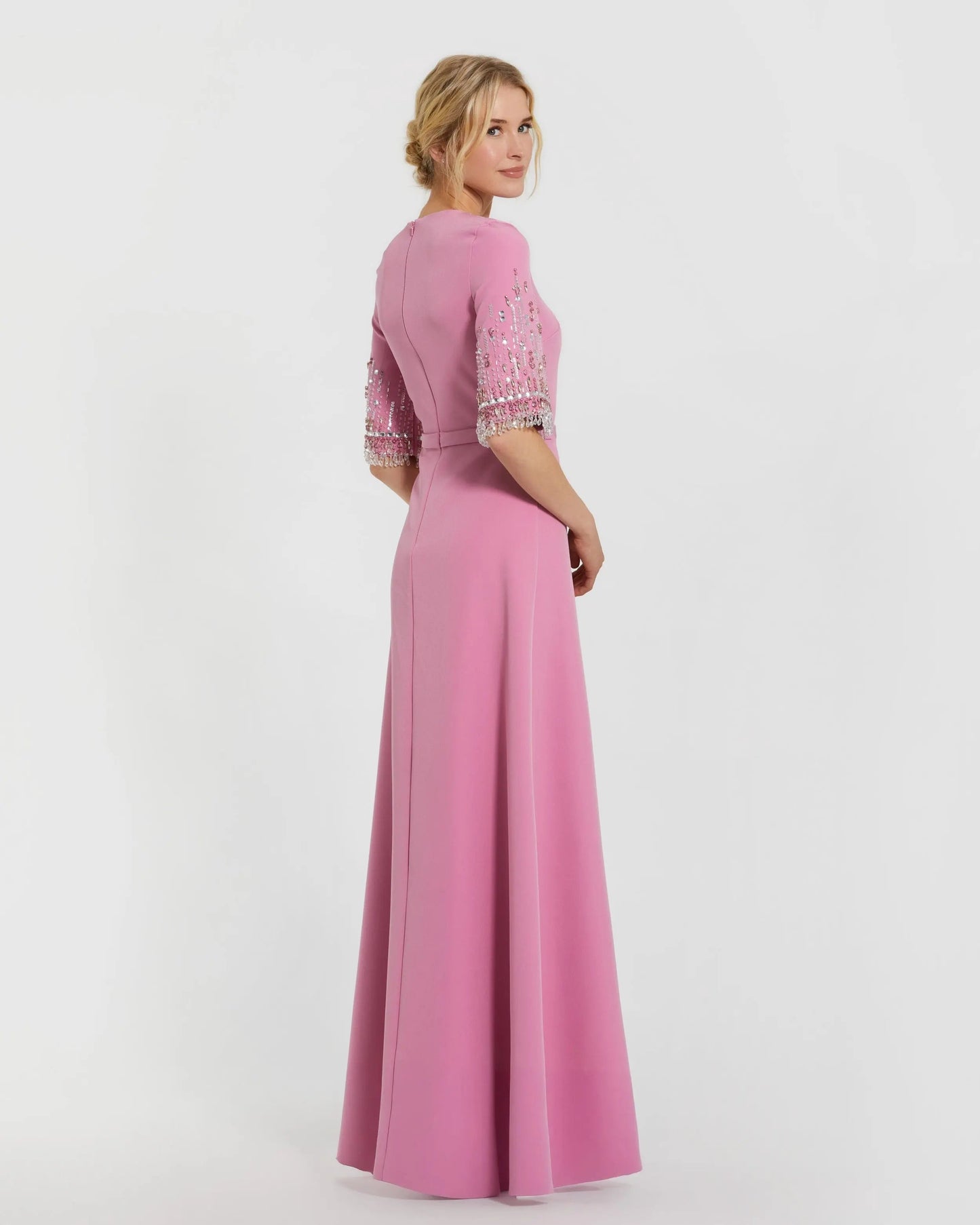 Pink Crepe A Line Gown With Beaded 3/4 Sleeves