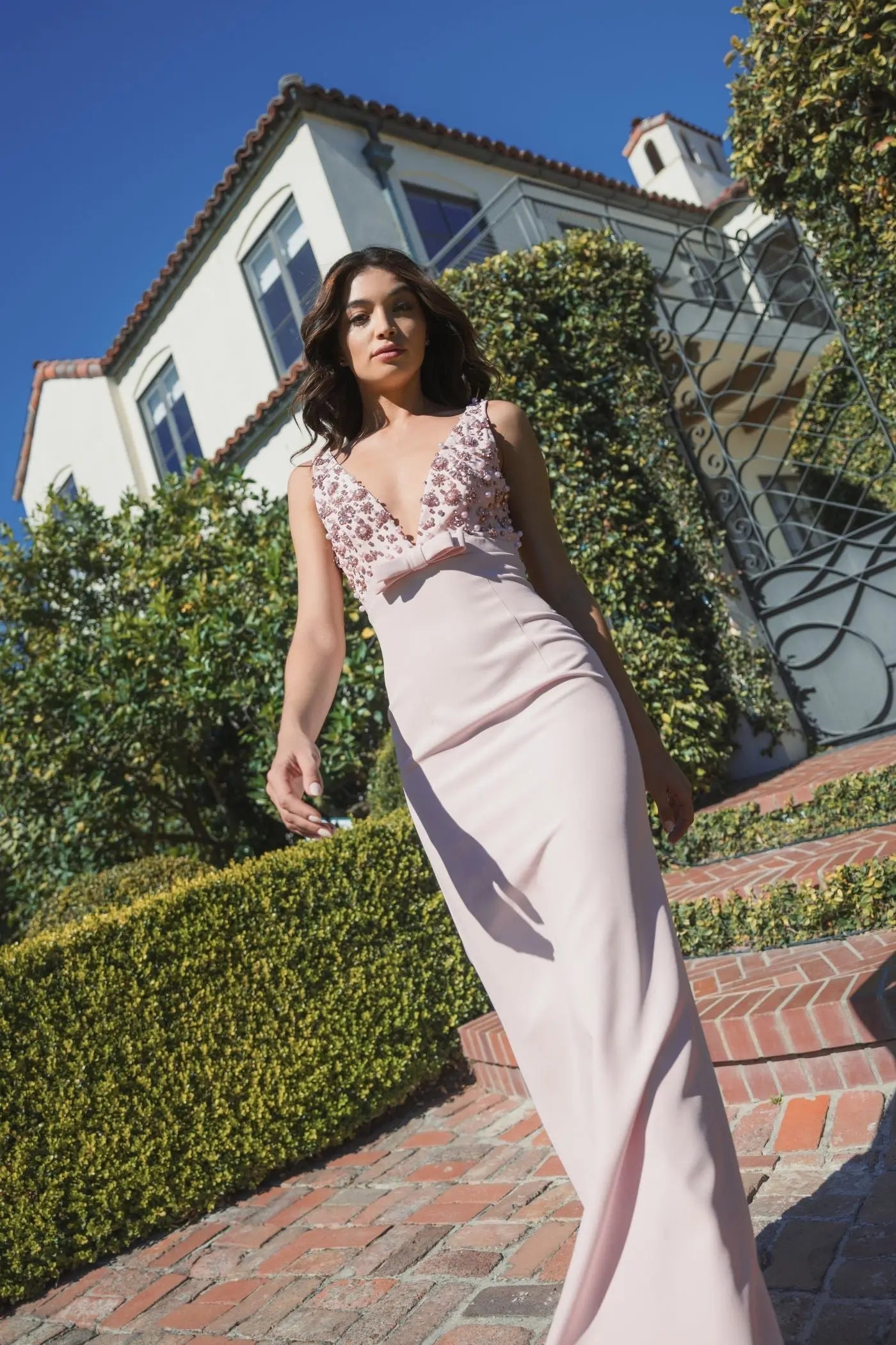 Pink Sleeveless Embellished Crepe Gown With Bow