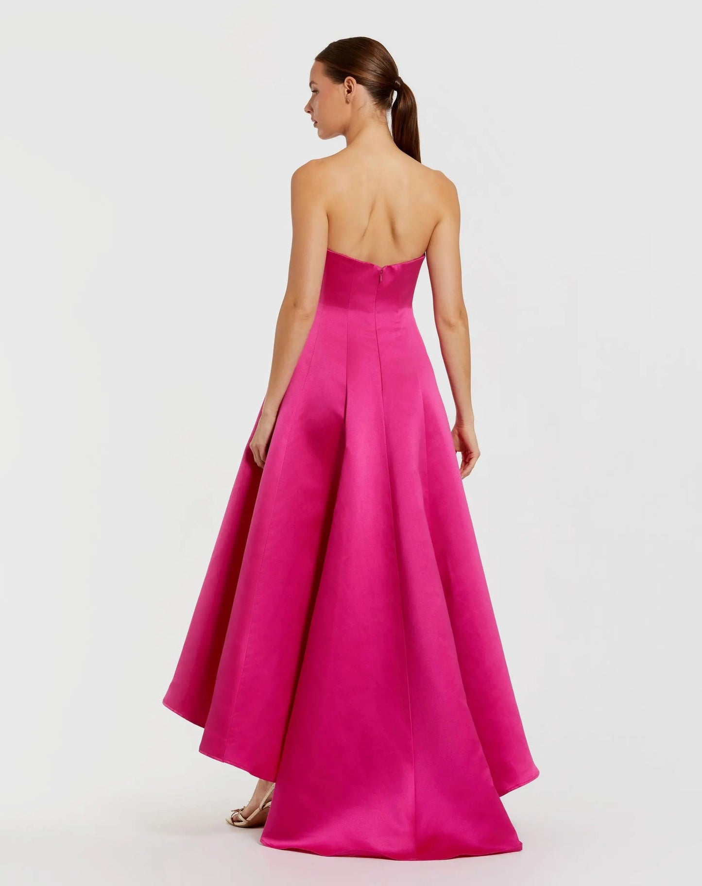 Pink Strapless Satin High Low Gown With 3D Flowers