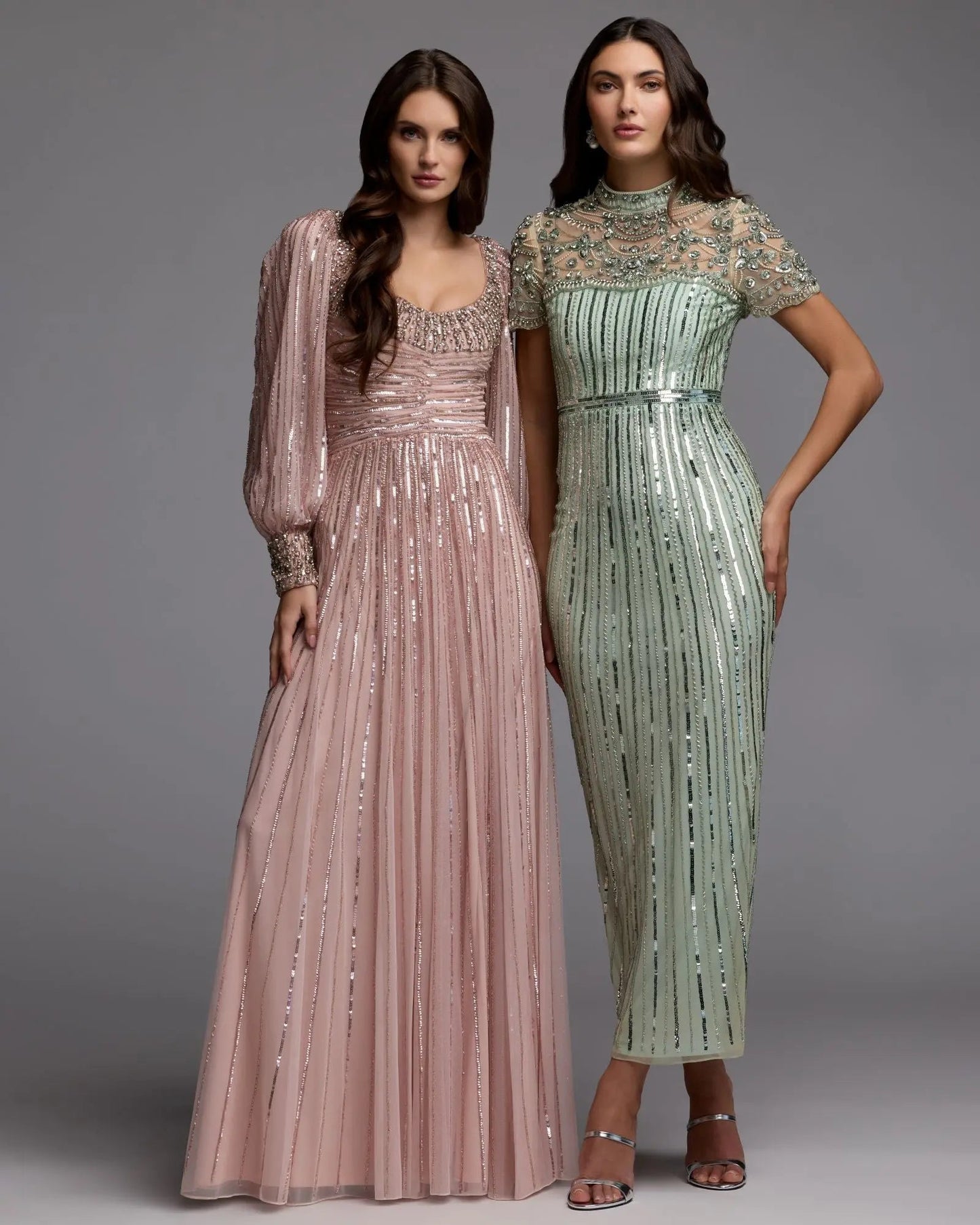 Pink Embellished Long Sleeve Scoop Neck A-Line Gown