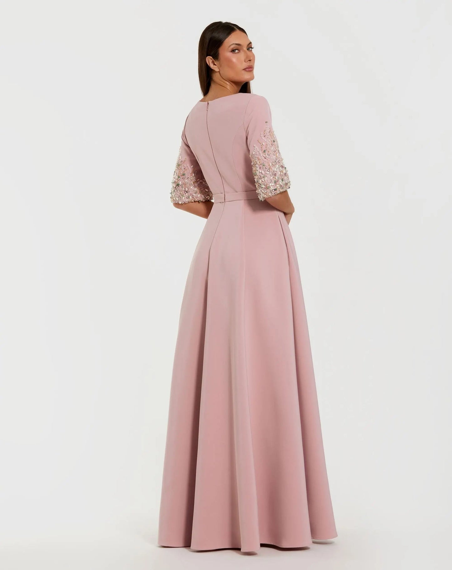 Pink Crepe Gown With Embellished 3/4 Sleeves