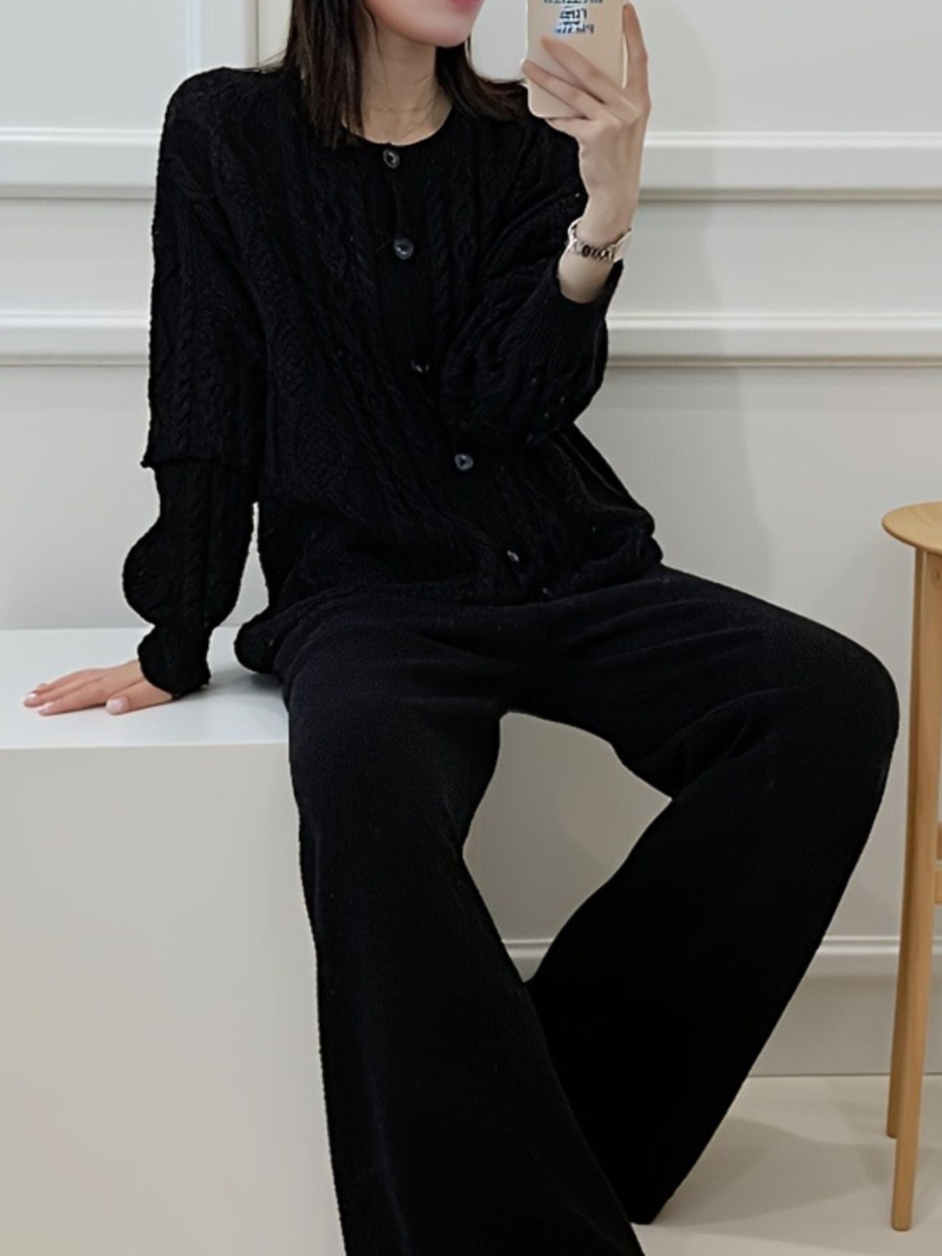 Hazel Blues® | Cable Knit Cardigan & Wide Leg Pants Sweater Set