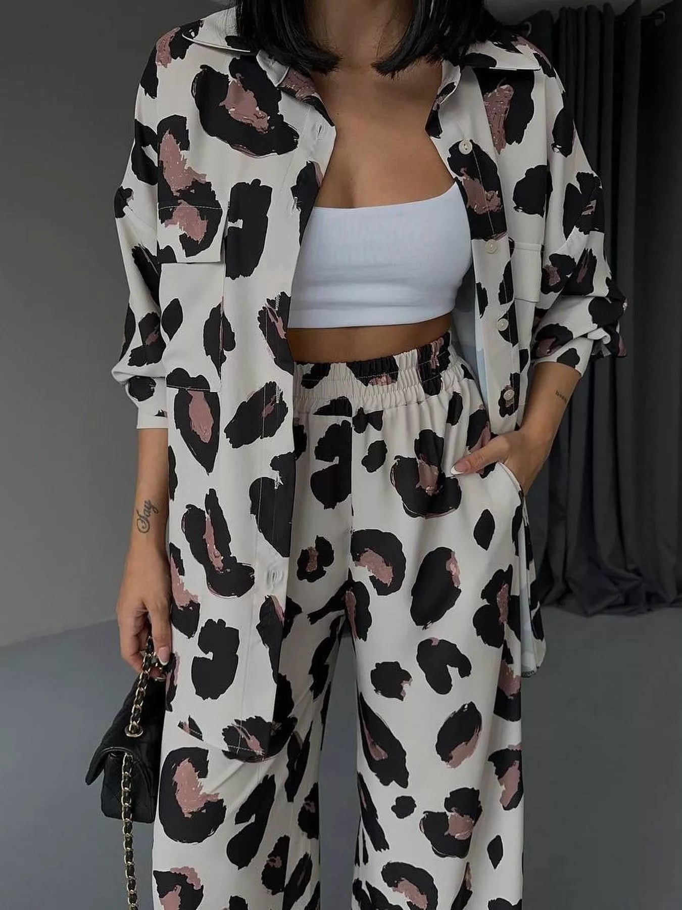 Hazel Blues® | Leopard Print Relaxed Fit Shirt and Pants Two-Piece Set